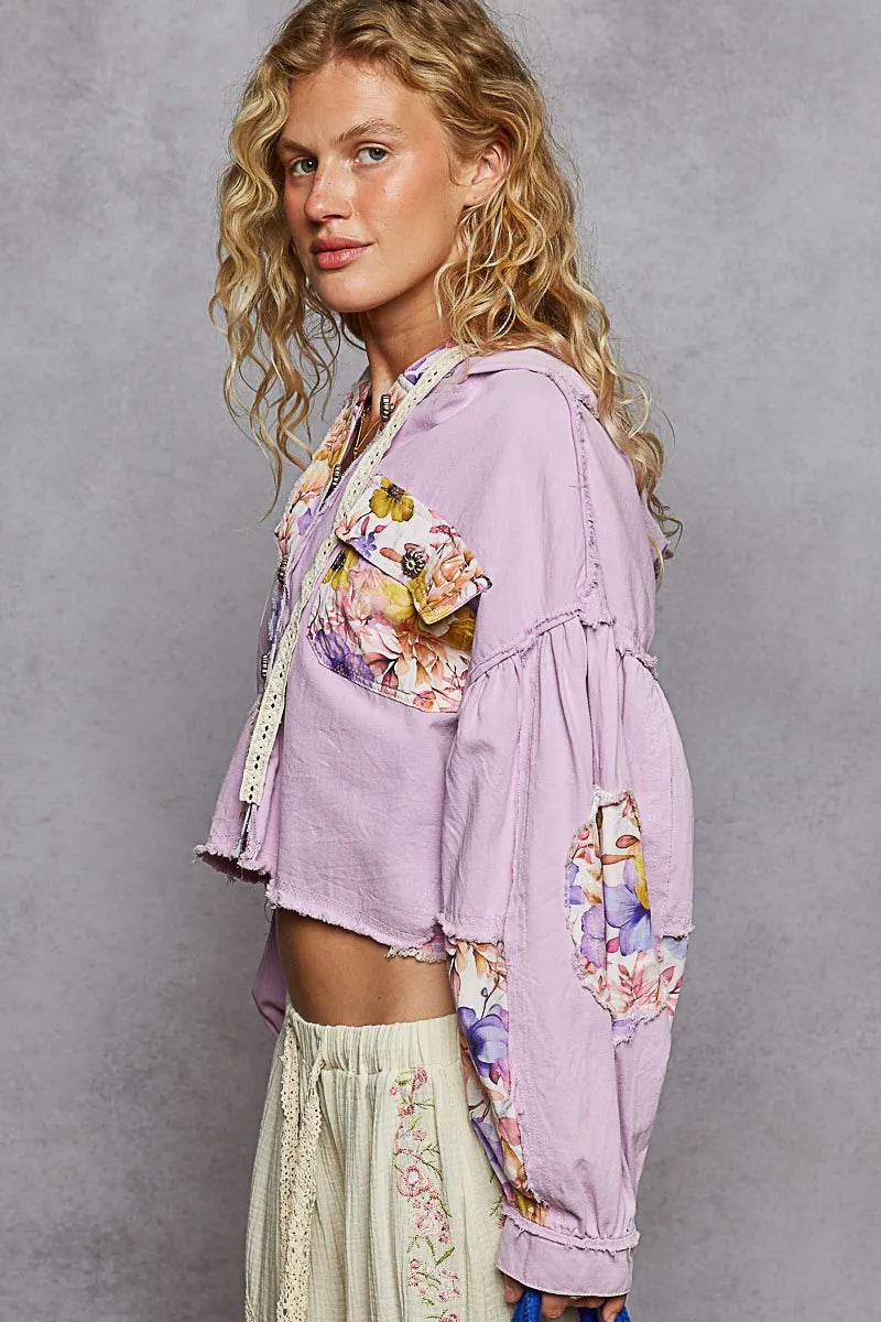 Raw Hem Floral Print Cropped Hooded Jacket - Ultim8 Designs 4 U