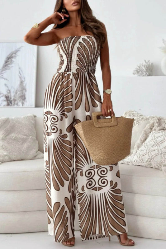 Printed Smocked Tube Wide Leg Jumpsuit - Ultim8 Designs 4 U