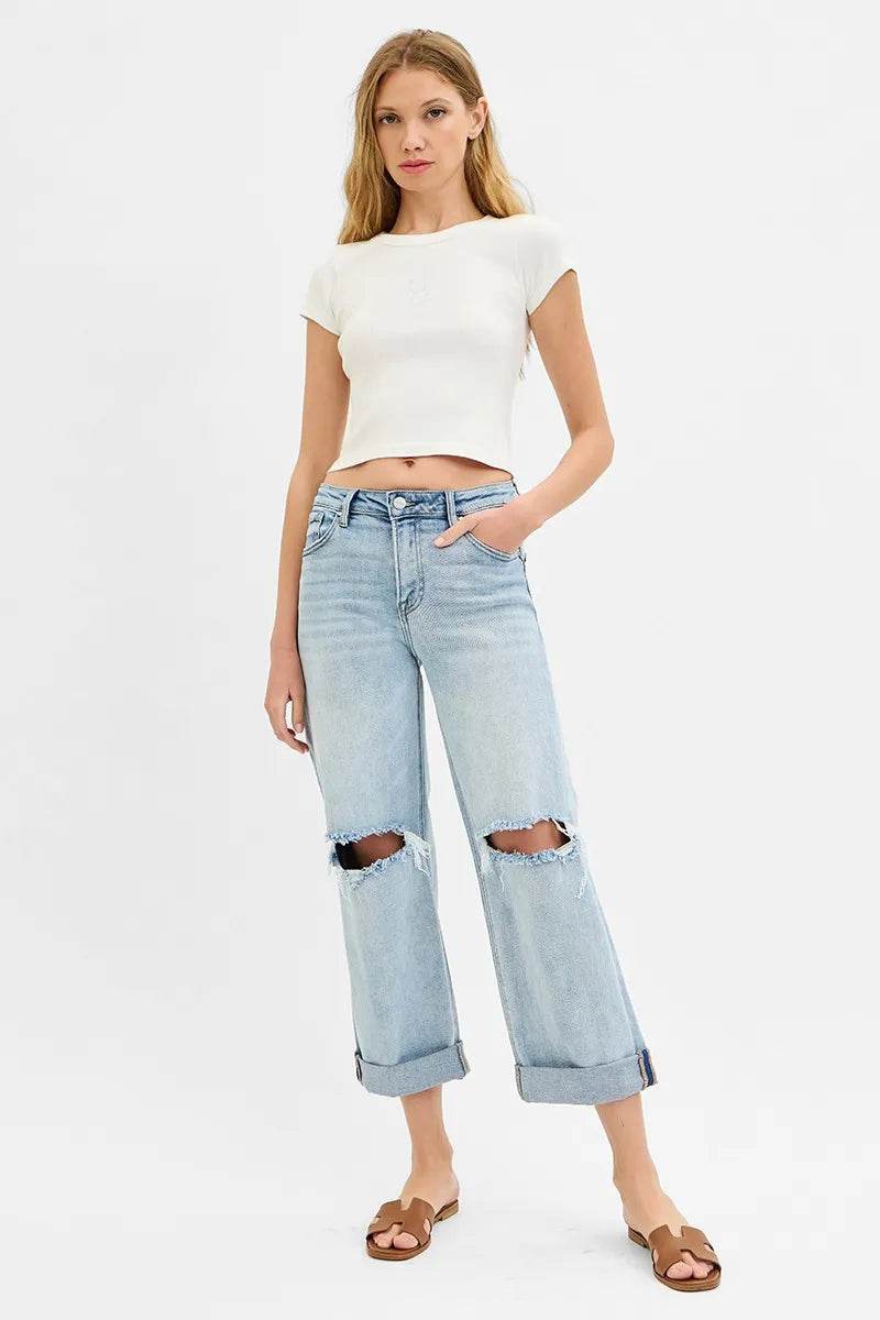 RISEN Full Size Mid Rise Fit Boyfriend Jeans with Cuff Plus Size - Ultim8 Designs 4 U