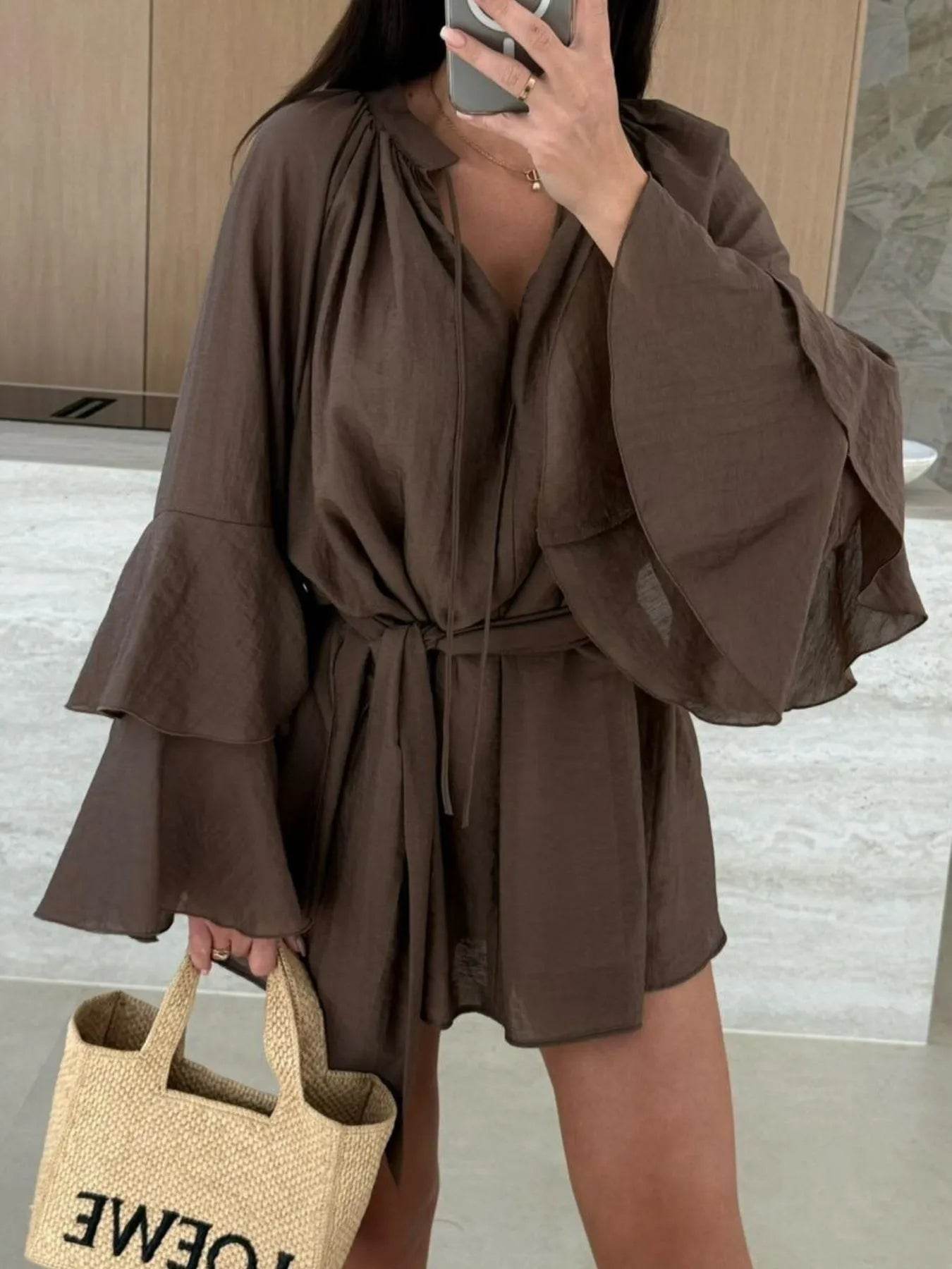 Bell Sleeve Tie Waist Mini Shirt Dress - Ultim8 Designs 4 U