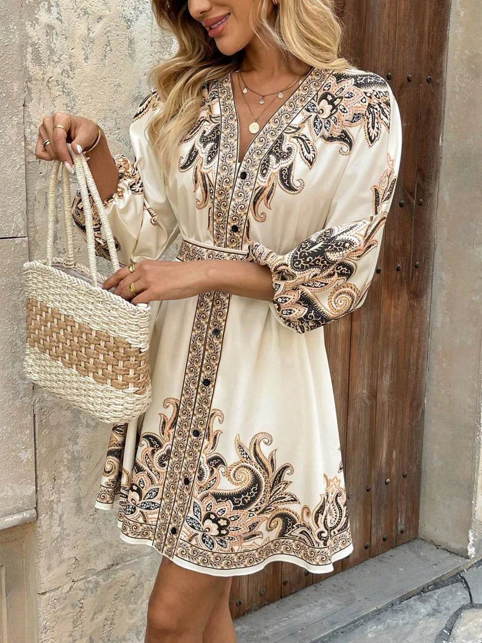 Paisley V-Neck 3/4 Sleeve Mini Dress - Ultim8 Designs 4 U
