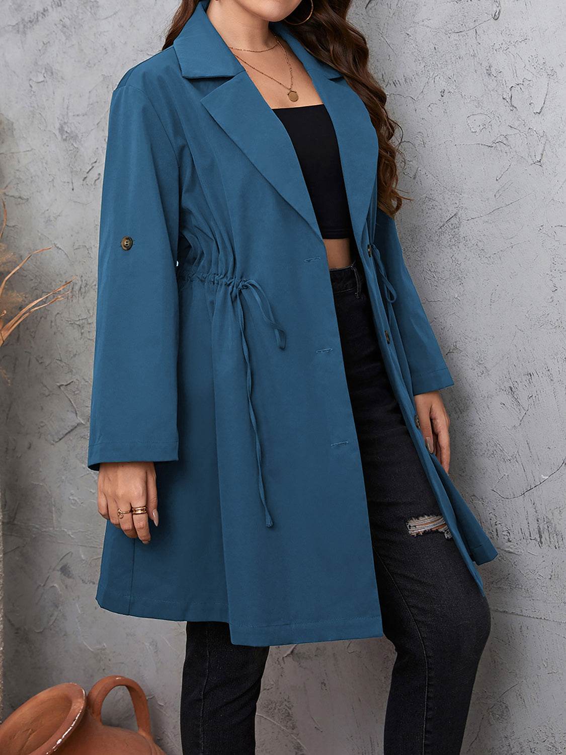 Honey Plus Size Lapel Collar Drawstring Roll-Tab Sleeve Trench Coat - Ultim8 Designs 4 U