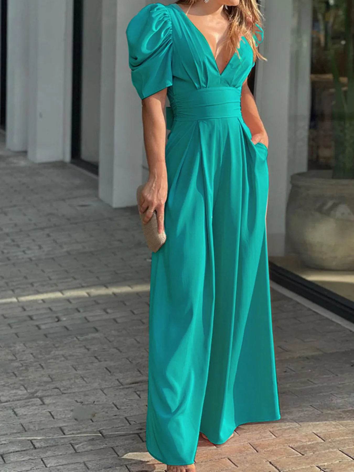 Full Size Cutout V-Neck Puff Sleeve Jumpsuit Plus Size - Ultim8 Designs 4 U