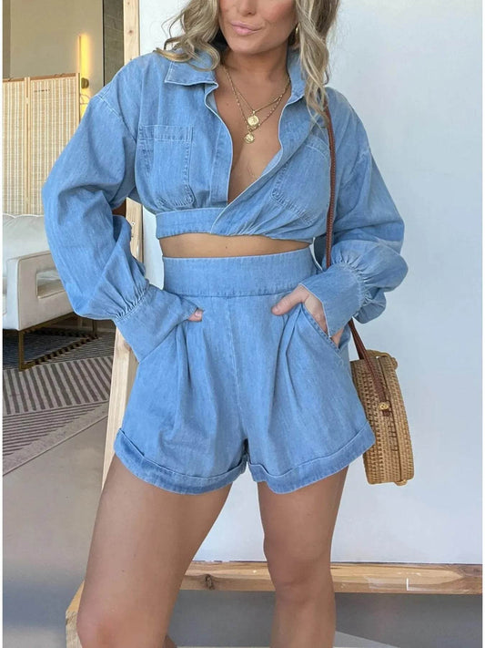 Full Size Long Sleeve Top and Shorts Denim Set Plus Size - Ultim8 Designs 4 U