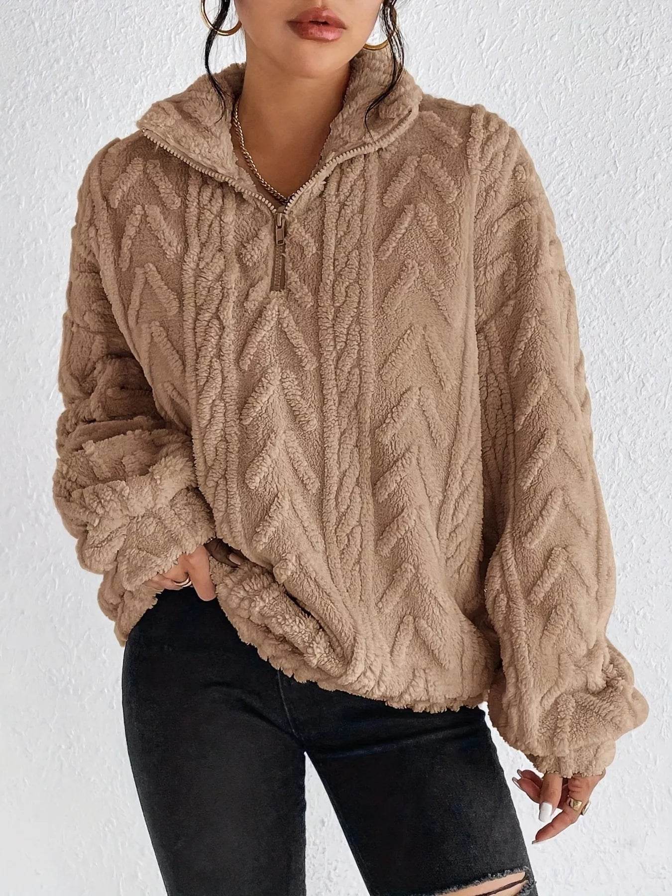 Quarter Zip Dropped Shoulder Sherpa Sweatshirt - Ultim8 Designs 4 U