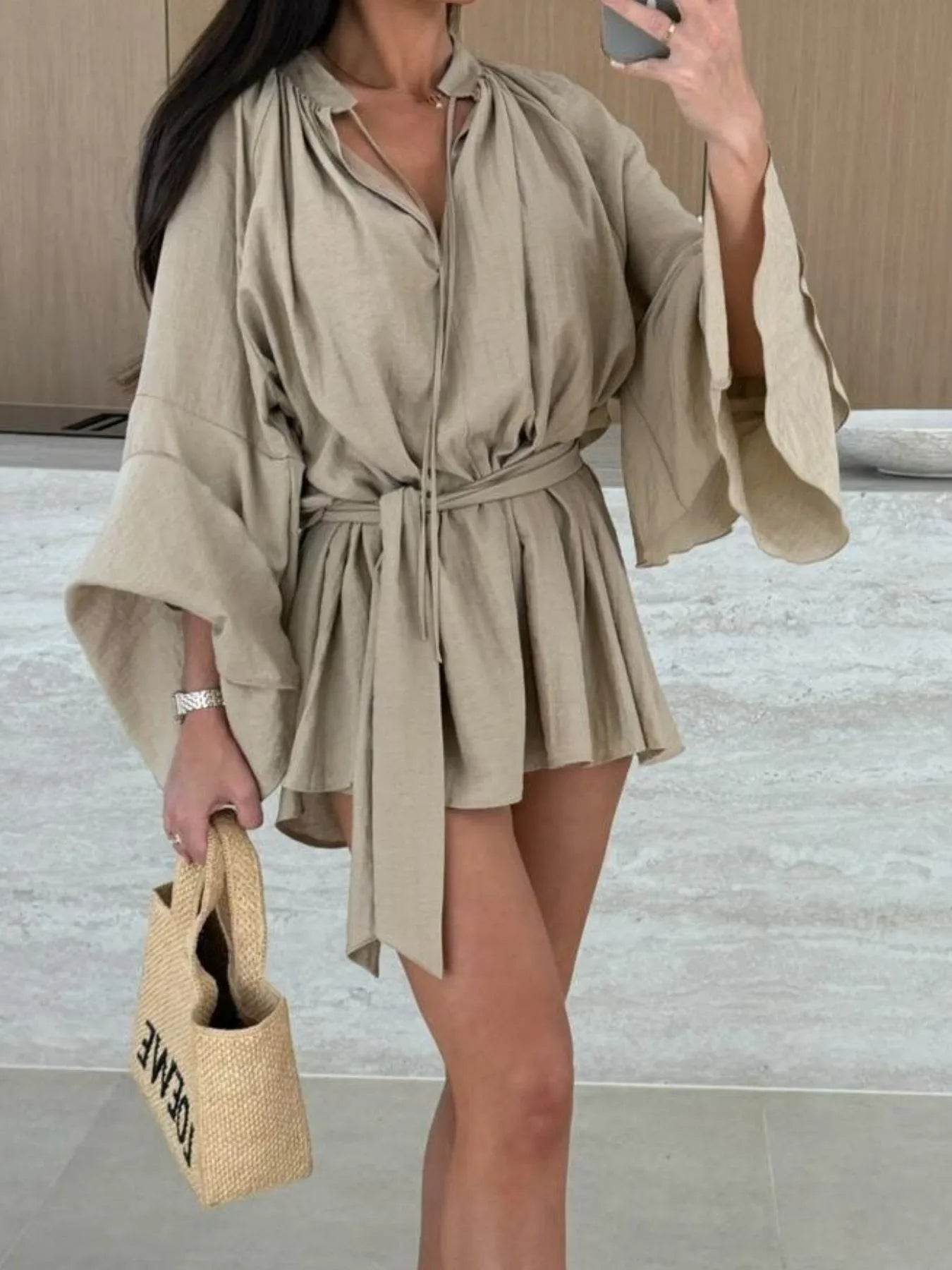 Bell Sleeve Tie Waist Mini Shirt Dress - Ultim8 Designs 4 U