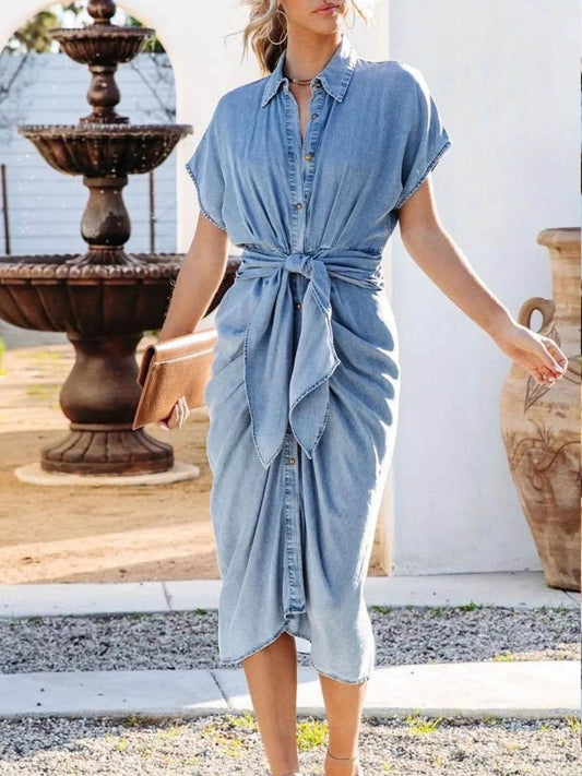 Collared Neck Tie Waist Short Sleeve Denim Dress - Ultim8 Designs 4 U