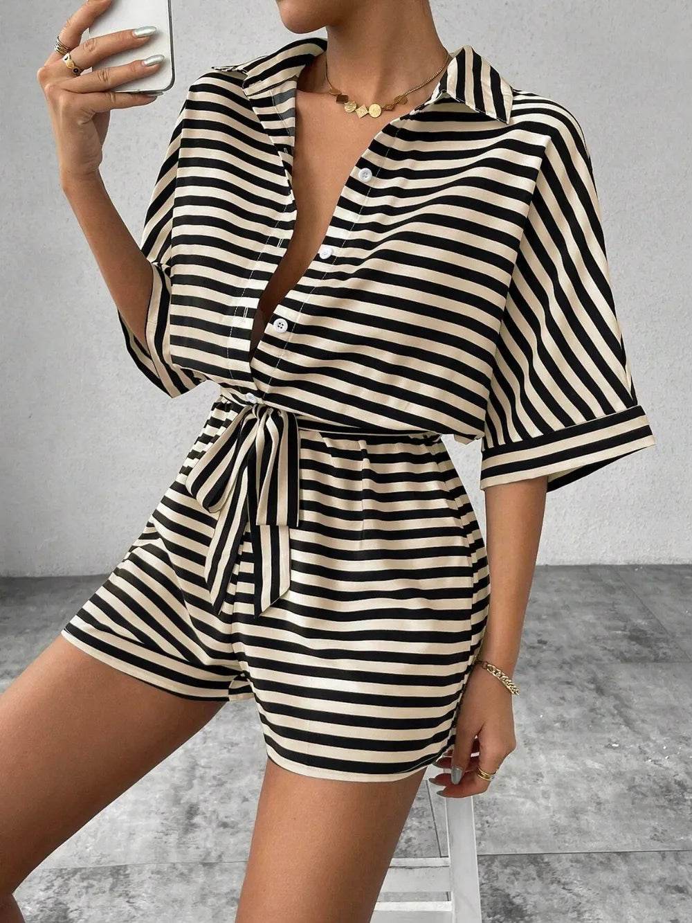 Tie Waist Half Button Striped Romper - Ultim8 Designs 4 U