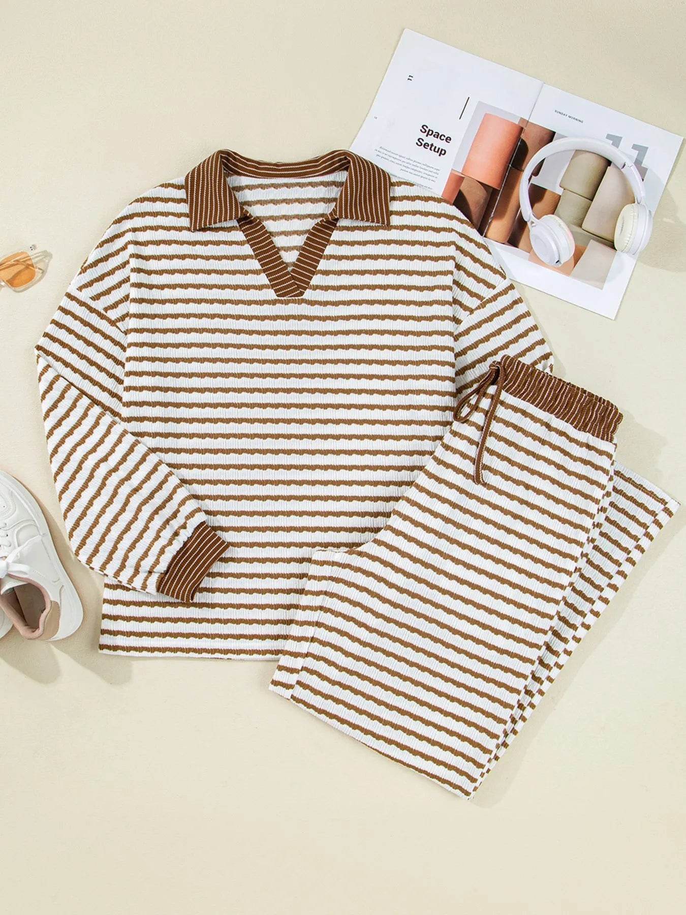 Stripe Collared Top and Drawstring Pant Set - Ultim8 Designs 4 U