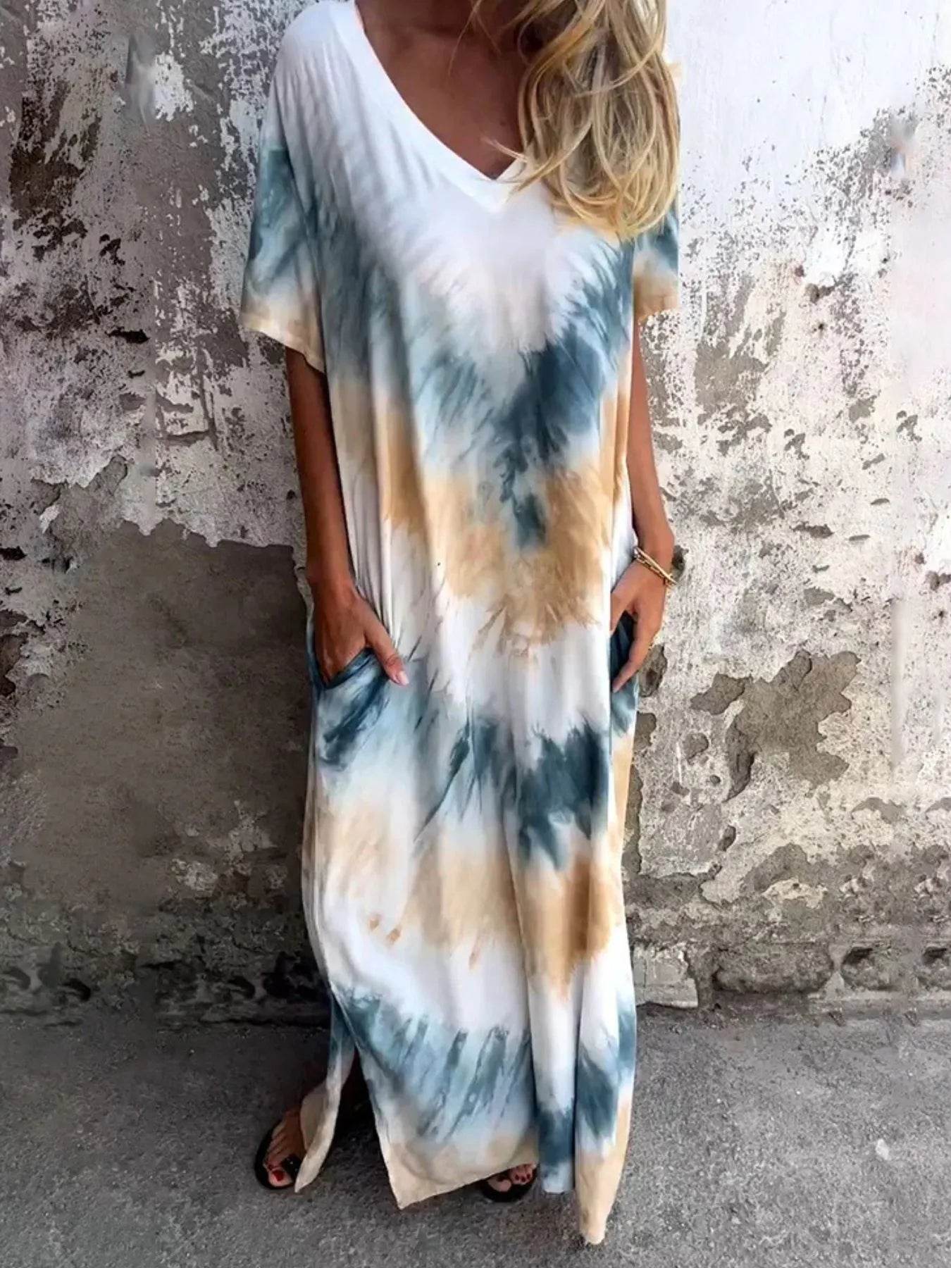 Full Size Tie-Dye V-Neck Midi Dress with Pockets Plus Size - Ultim8 Designs 4 U