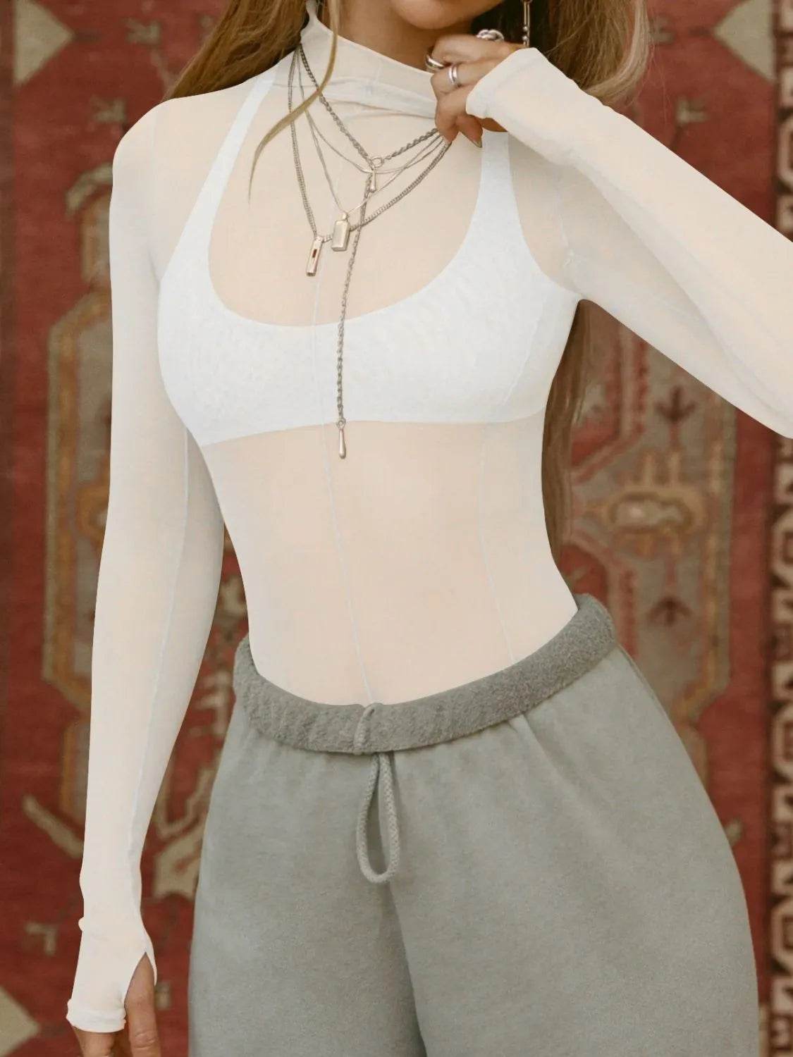 Mock Neck Long Sleeve Sheer Top - Ultim8 Designs 4 U