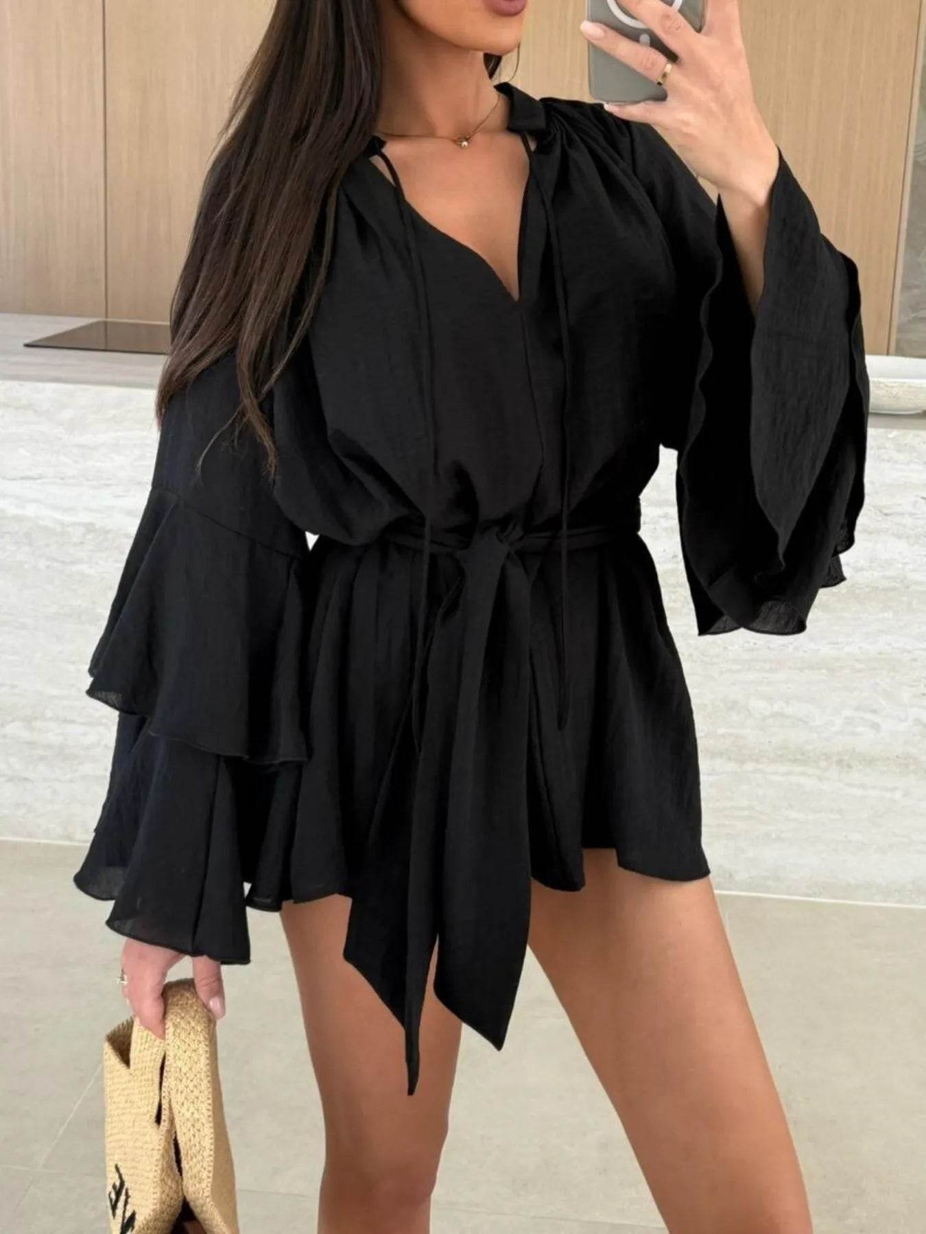 Bell Sleeve Tie Waist Mini Shirt Dress - Ultim8 Designs 4 U