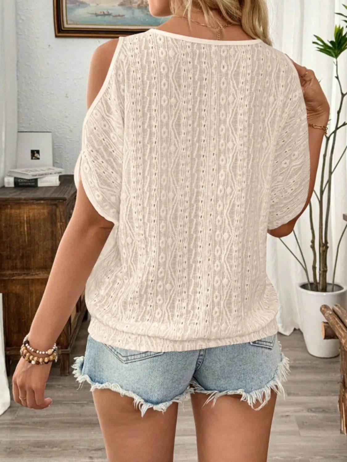Eyelet Cold Shoulder Round Neck Blouse - Ultim8 Designs 4 U