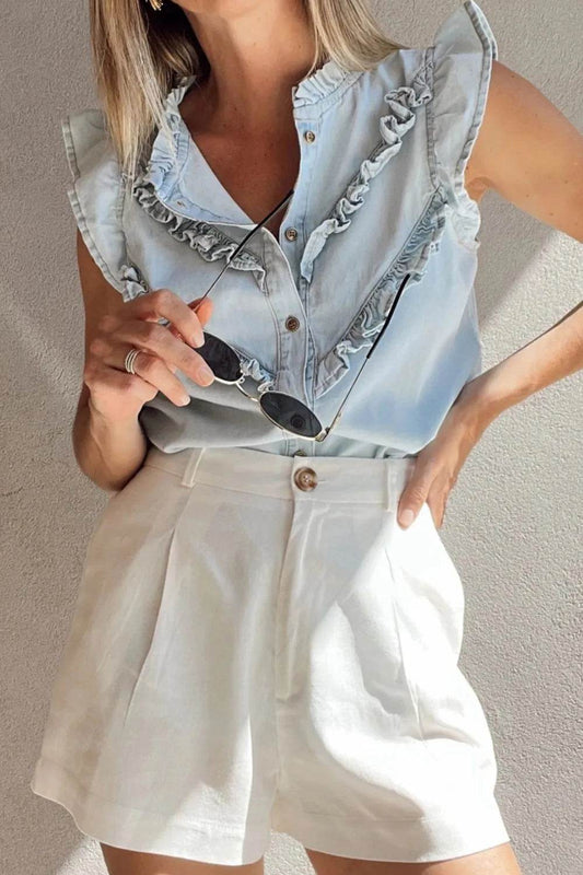 Frill Button Down Ruffled Cap Sleeve Denim Top - Ultim8 Designs 4 U