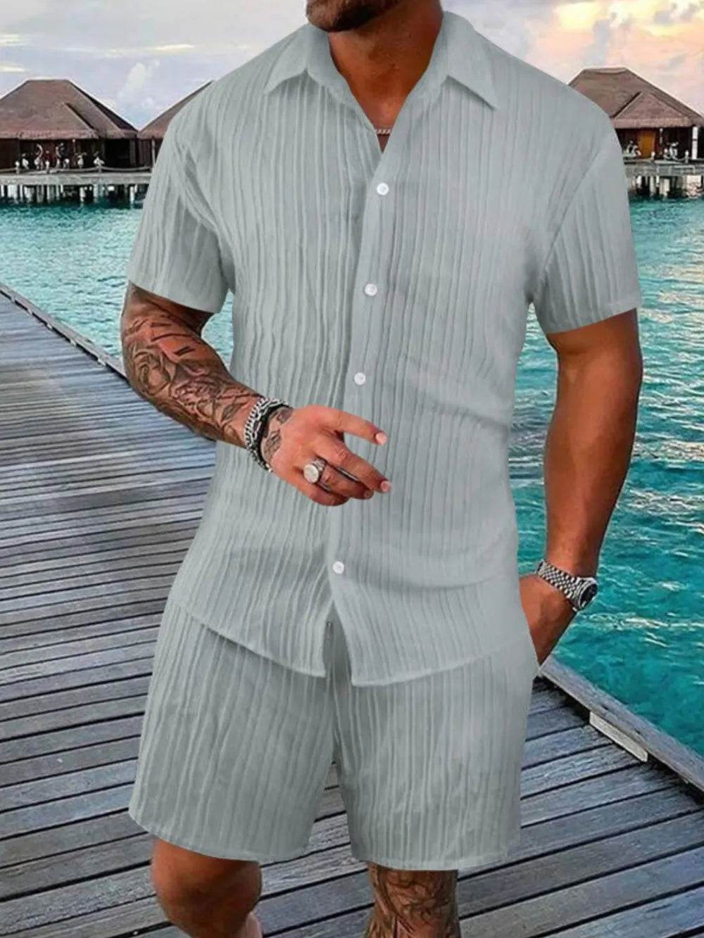 Men's Full Size Button Down Short Sleeve Shirt and Shorts Set Plus Size - Ultim8 Designs 4 U