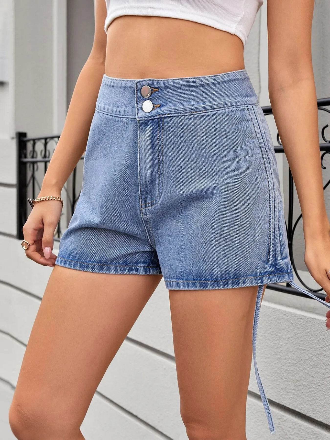 Ruched Side Drawstring Denim Shorts - Ultim8 Designs 4 U