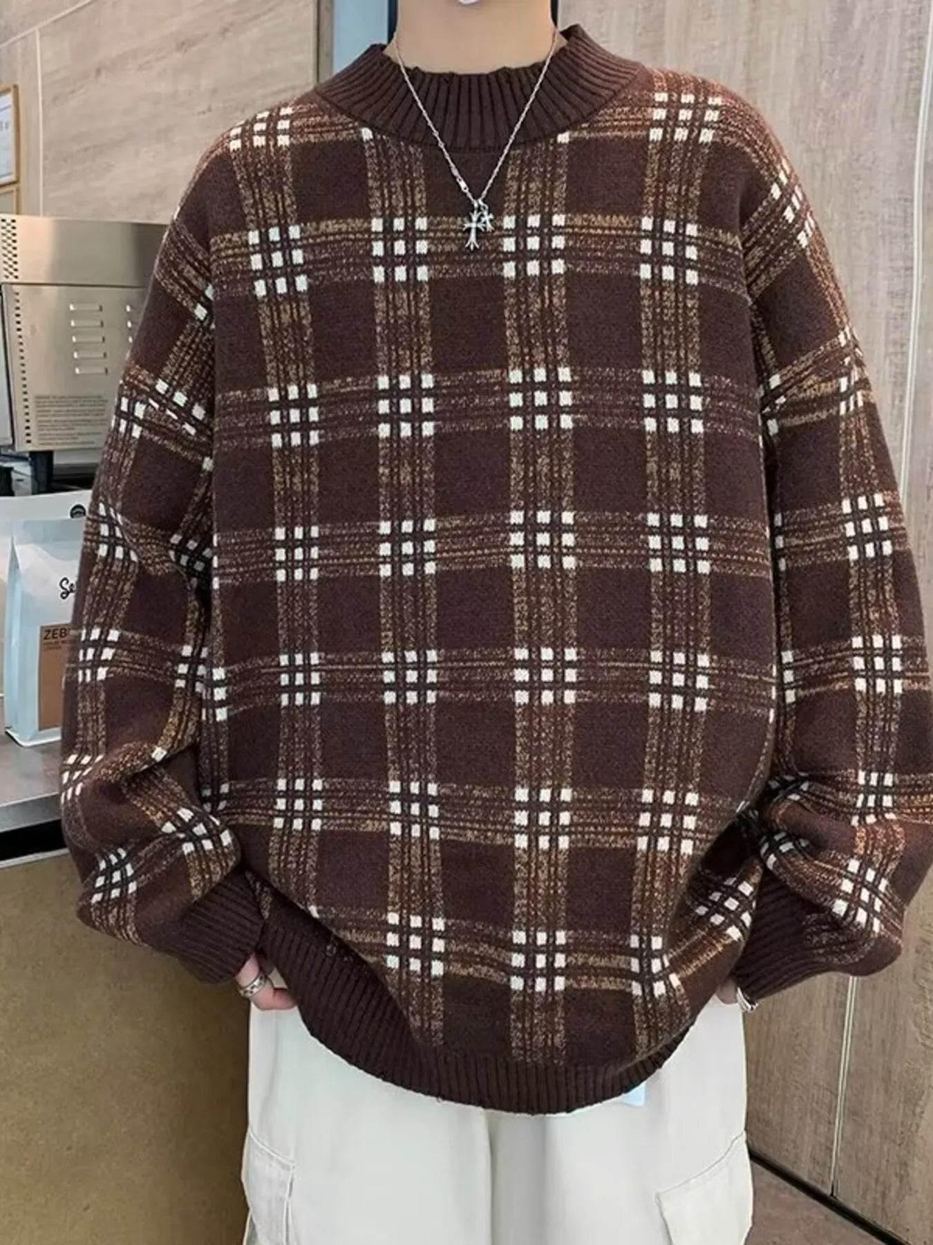 Men's Plaid Round Neck Long Sleeve Sweater - Ultim8 Designs 4 U