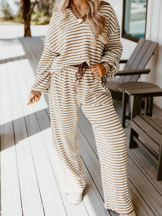 Stripe Collared Top and Drawstring Pant Set - Ultim8 Designs 4 U