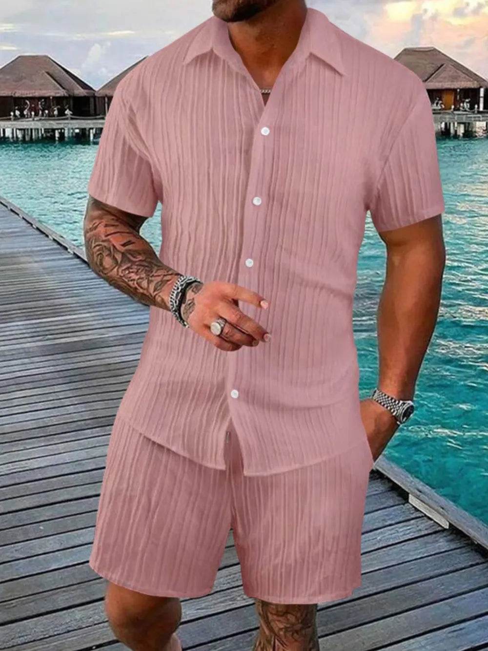 Men's Full Size Button Down Short Sleeve Shirt and Shorts Set Plus Size - Ultim8 Designs 4 U