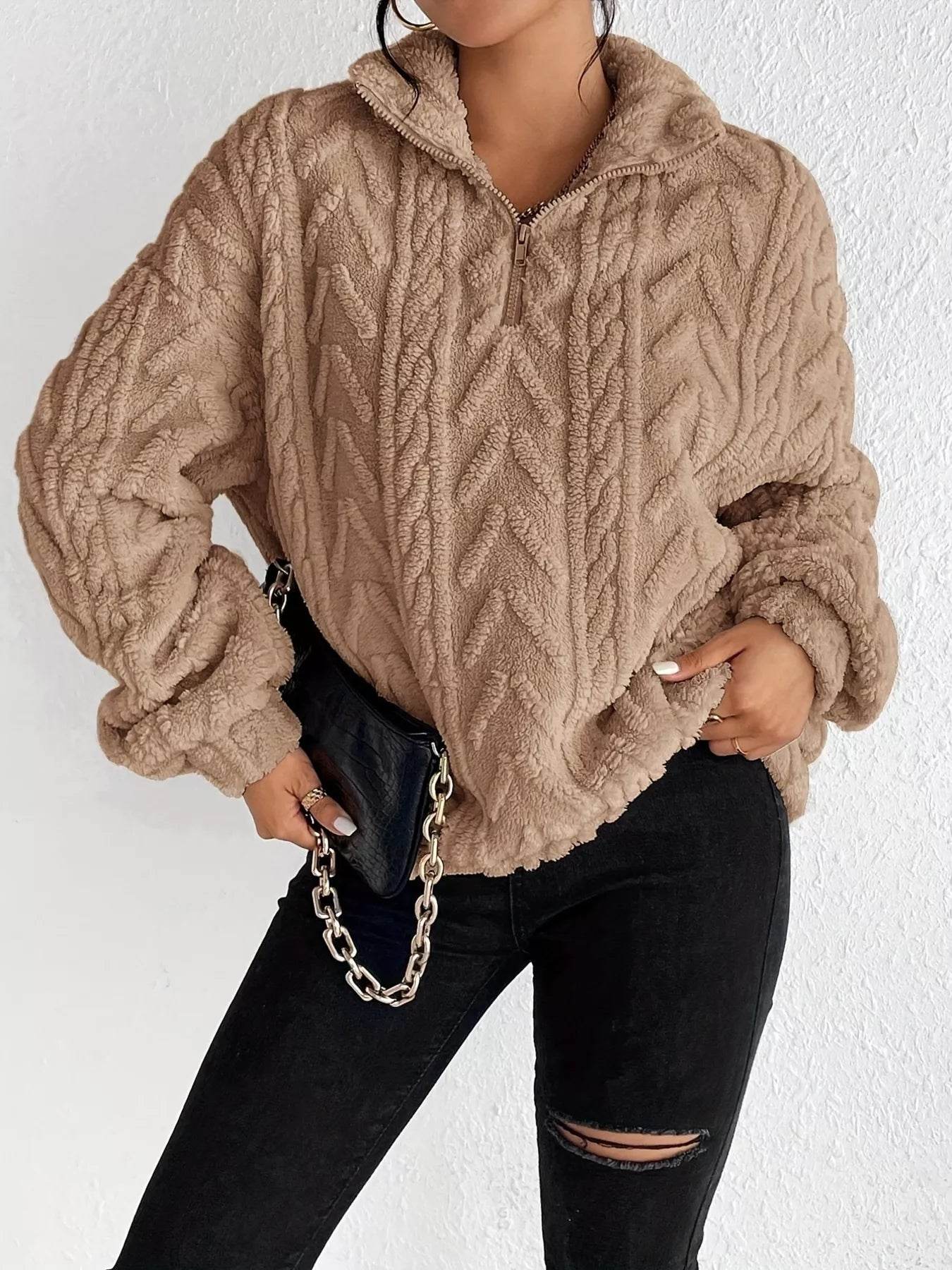 Quarter Zip Dropped Shoulder Sherpa Sweatshirt - Ultim8 Designs 4 U