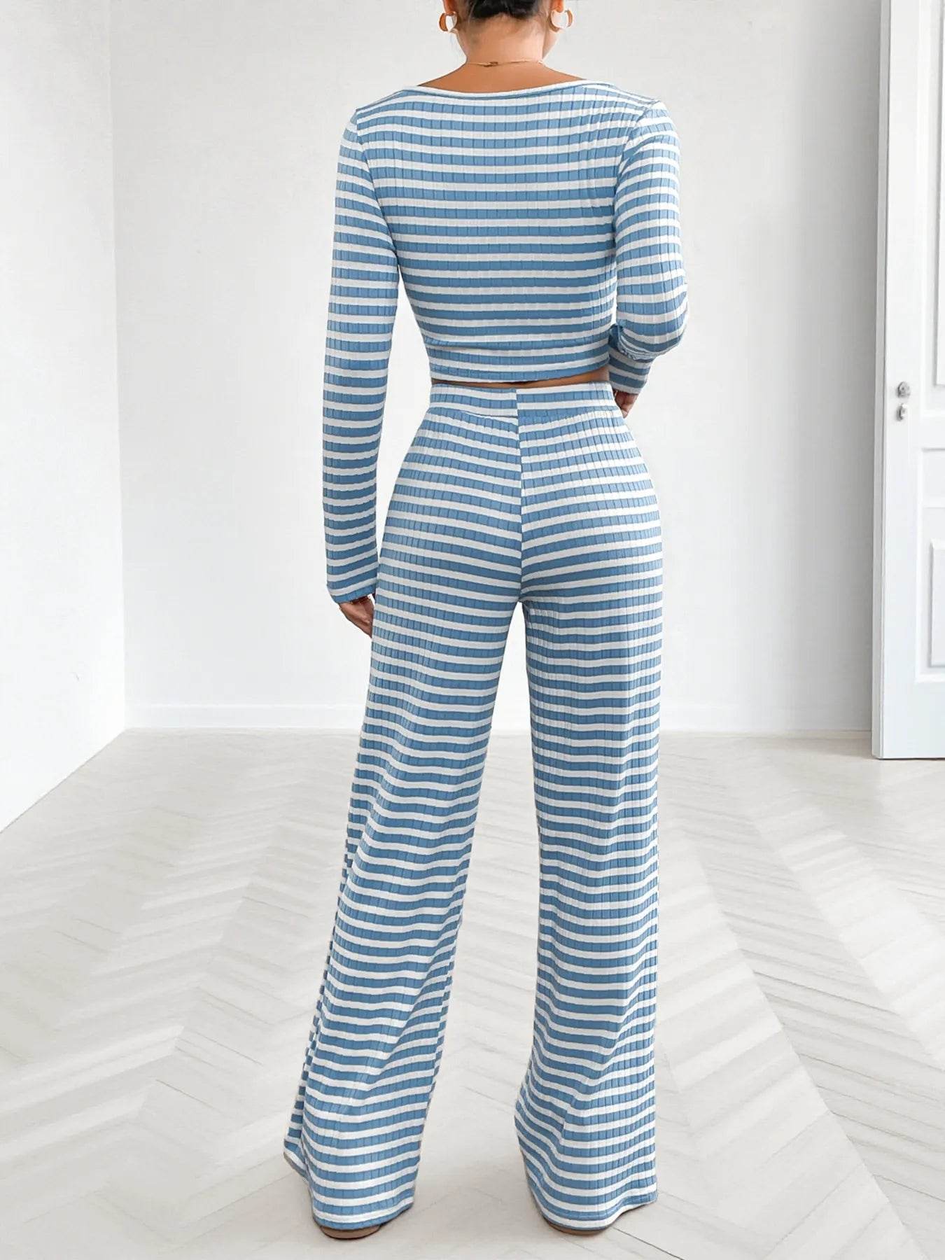 Striped Square Neck Long Sleeve Top and Pants Lounge Set - Ultim8 Designs 4 U