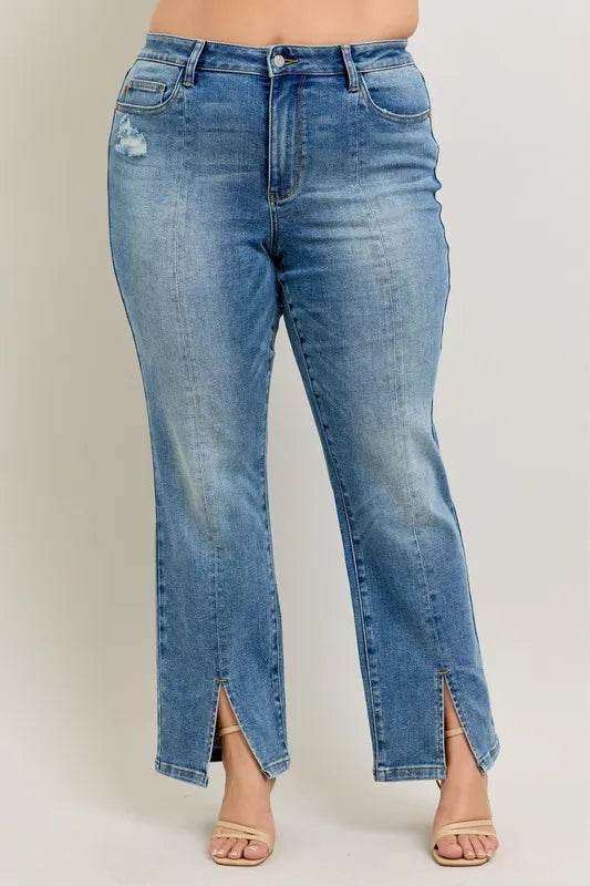 Judy Blue Full Size High Waist Vintage Wash Front Seam & Slit Straight Plus Size - Ultim8 Designs 4 U
