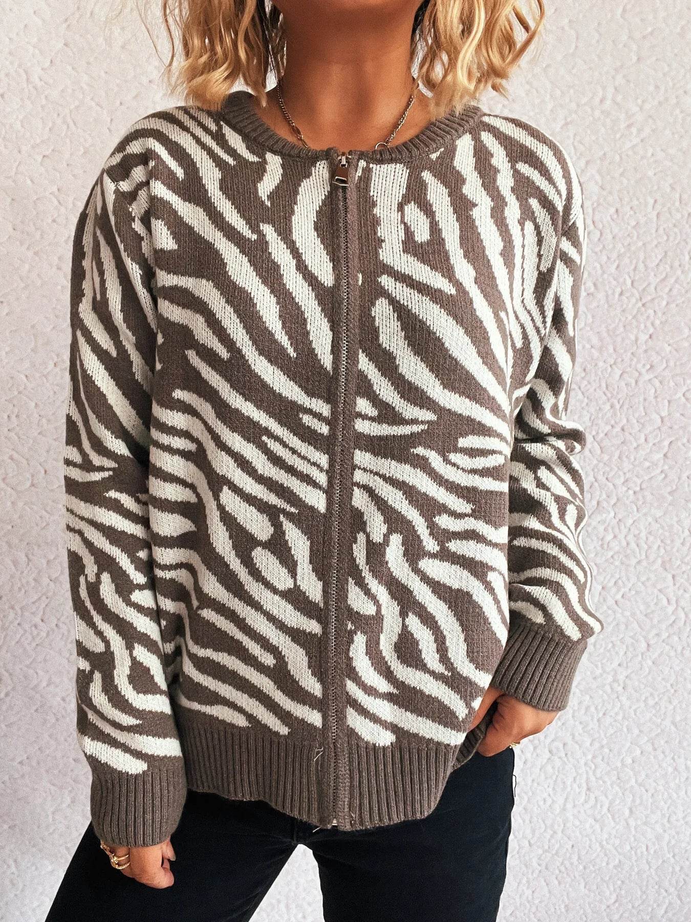 Zebra Print Zip Up Cardigan - Ultim8 Designs 4 U