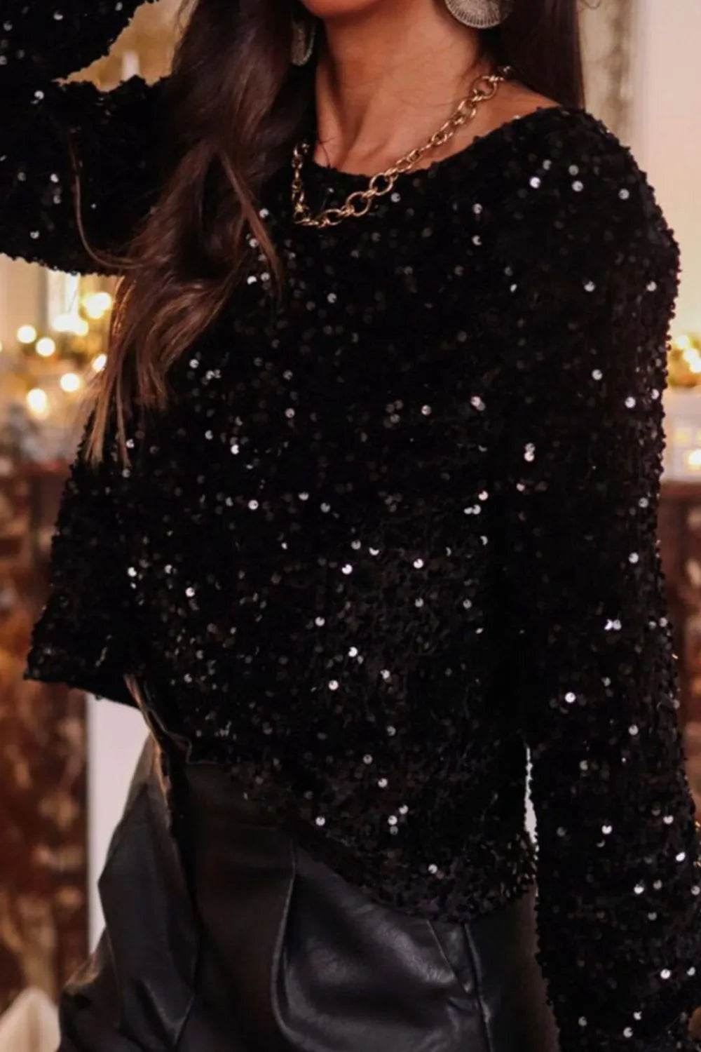 Sequin Round Neck Long Sleeve Blouse - Ultim8 Designs 4 U
