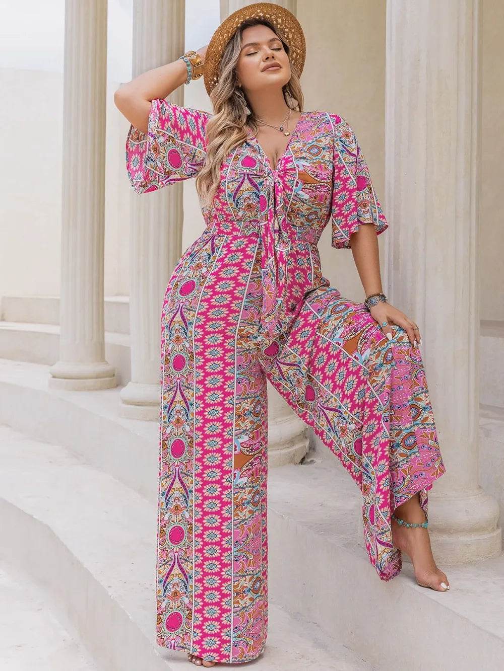 Plus Size Printed Half Sleeve Wide Leg Jumpsuit - Ultim8 Designs 4 U