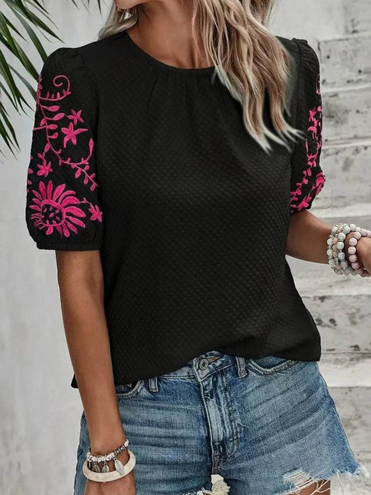 Embroidered Round Neck Short Sleeve Blouse - Ultim8 Designs 4 U