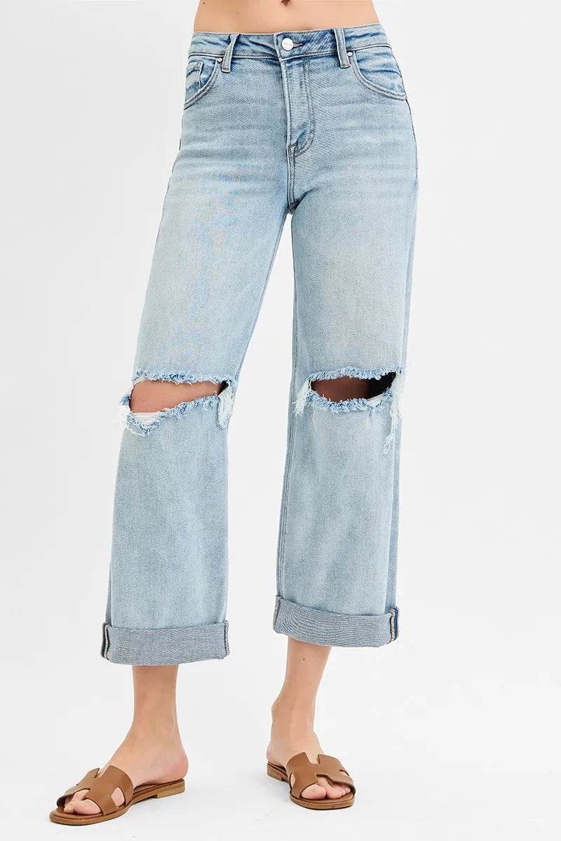 RISEN Full Size Mid Rise Fit Boyfriend Jeans with Cuff Plus Size - Ultim8 Designs 4 U
