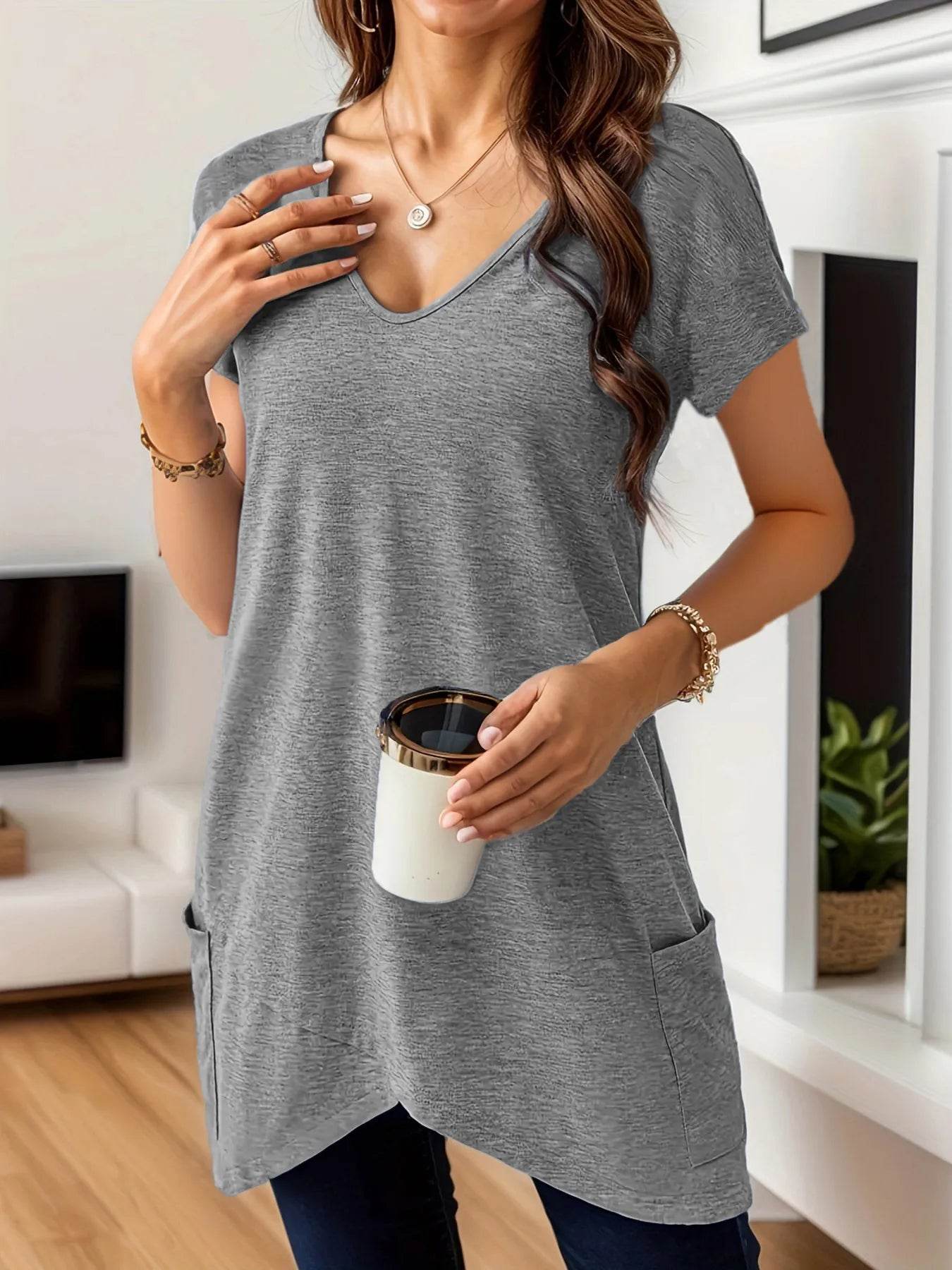 Full Size V-Neck Pocket Front Asymmetric Hem T-Shirt Plus Size - Ultim8 Designs 4 U
