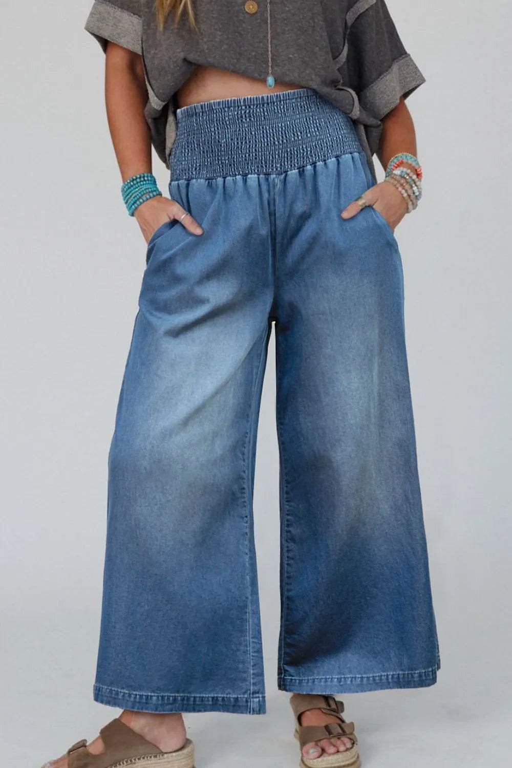 Smocked Wide Leg Jeans - Ultim8 Designs 4 U