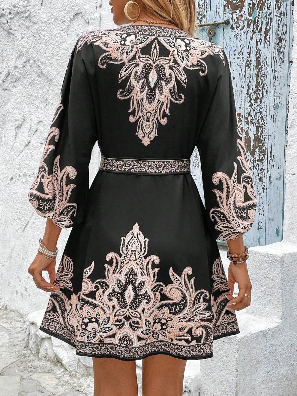 Paisley V-Neck 3/4 Sleeve Mini Dress - Ultim8 Designs 4 U