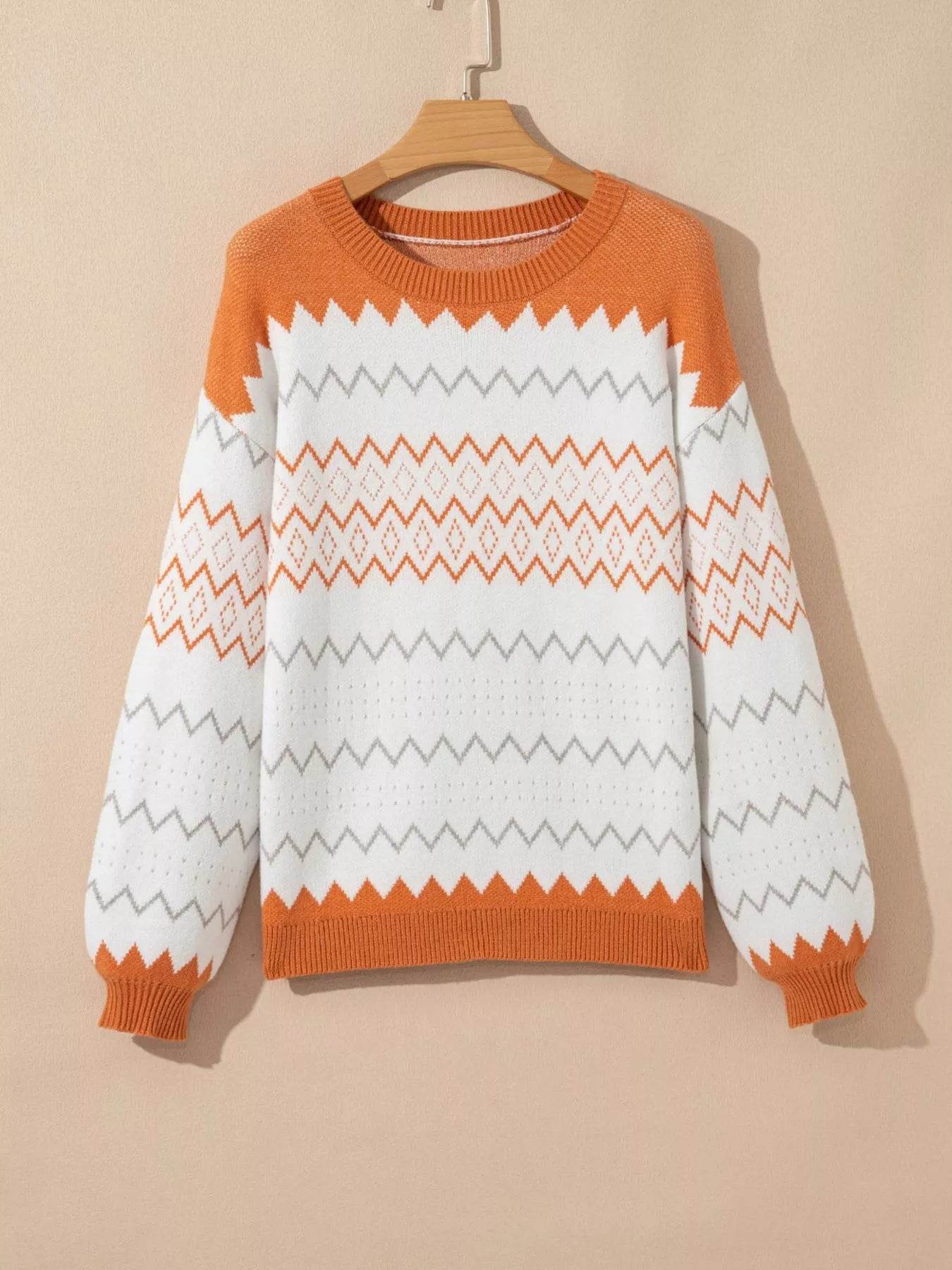 Zigzag Geometric Pattern Round Neck Sweater - Ultim8 Designs 4 U