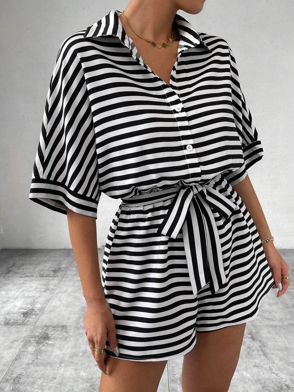 Tie Waist Half Button Striped Romper - Ultim8 Designs 4 U