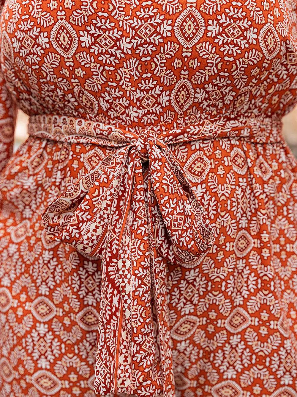 Plus Size Printed V-Neck Tie Front Balloon Sleeve Jumpsuit - Ultim8 Designs 4 U