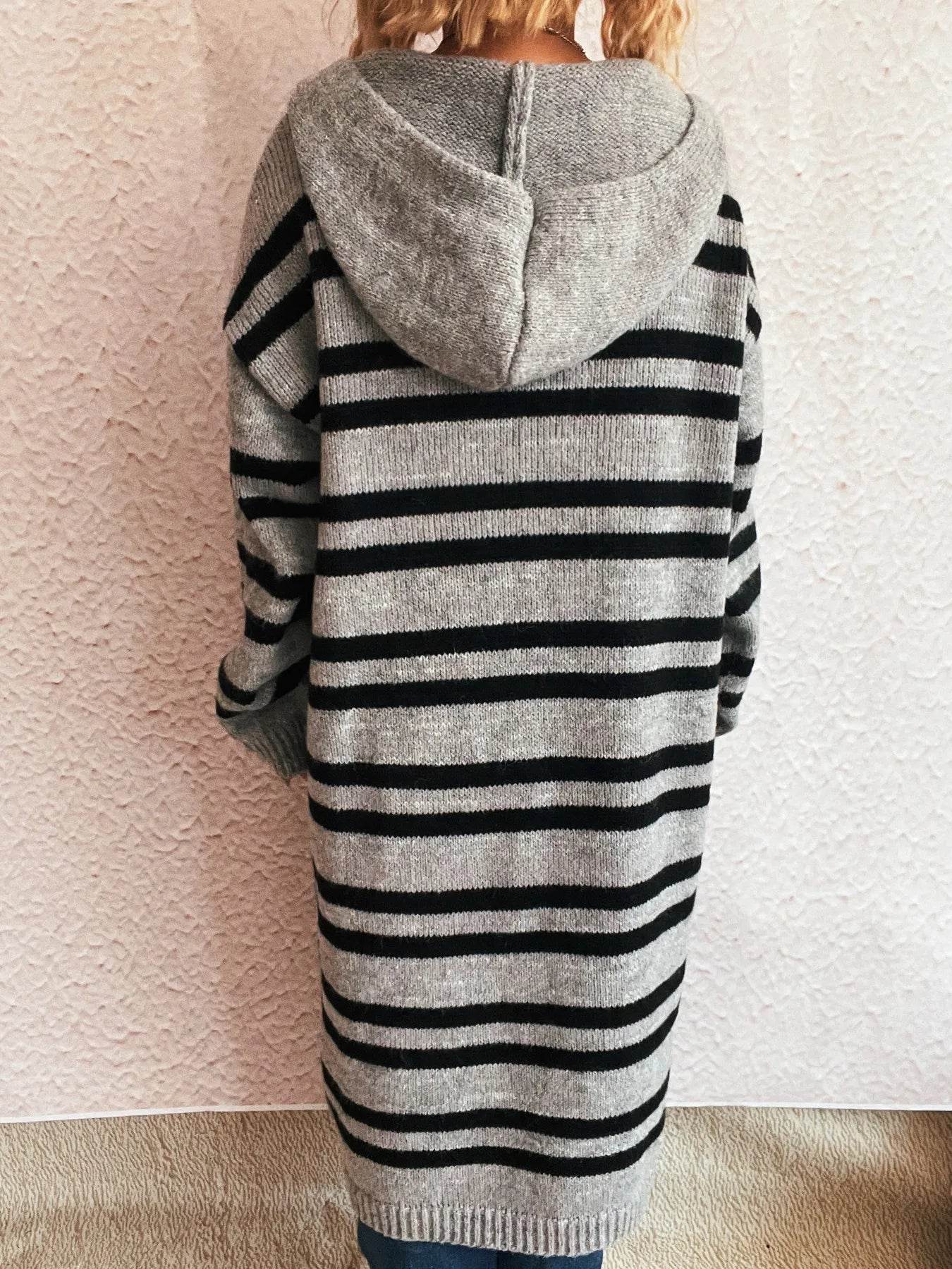 Striped Open Front Hooded Cardigan - Ultim8 Designs 4 U