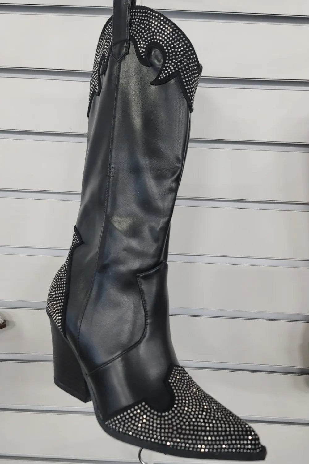 Weeboo Chunky Heel Rhinestone Decor Western Boots - Ultim8 Designs 4 U