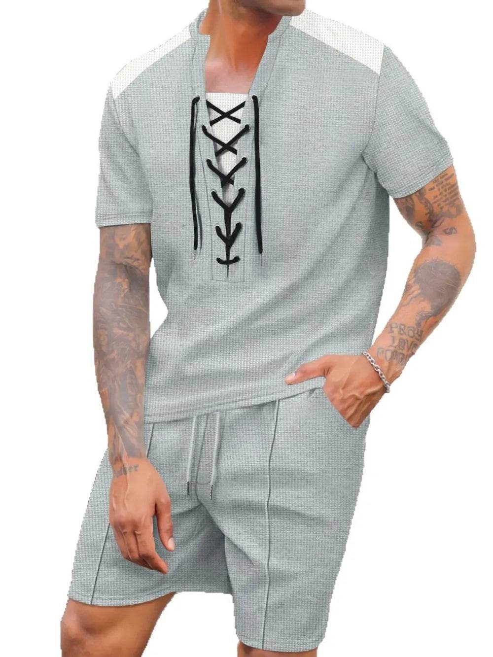 Men's Full Size Lace-Up Waffle Knit Top and Shorts Set Plus Size - Ultim8 Designs 4 U