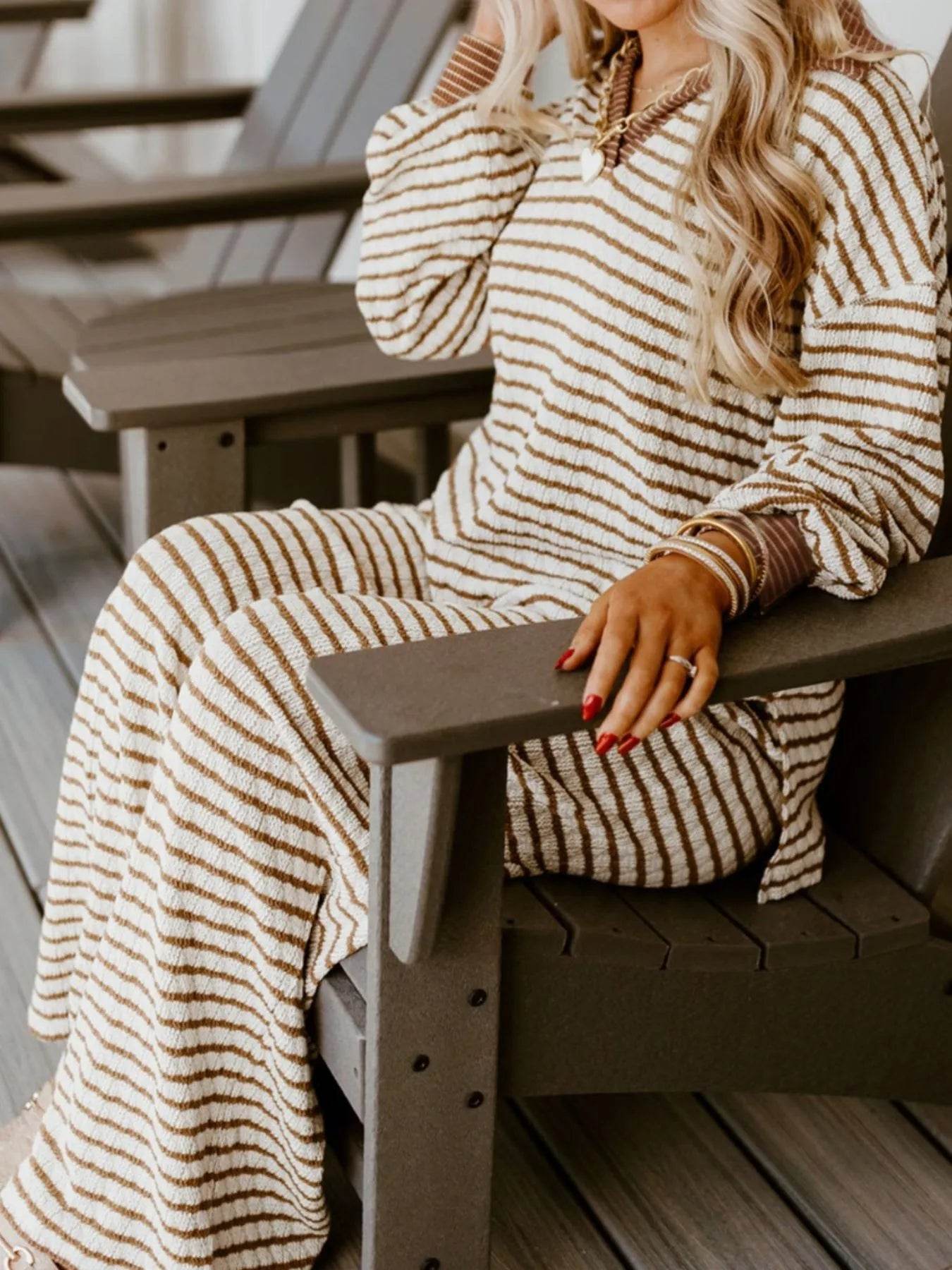 Stripe Collared Top and Drawstring Pant Set - Ultim8 Designs 4 U