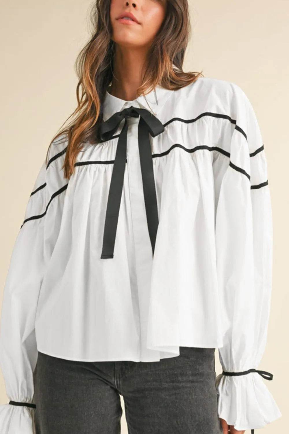 Ribbon Bowtie Collared Neck Flounce Sleeve Shirt - Ultim8 Designs 4 U