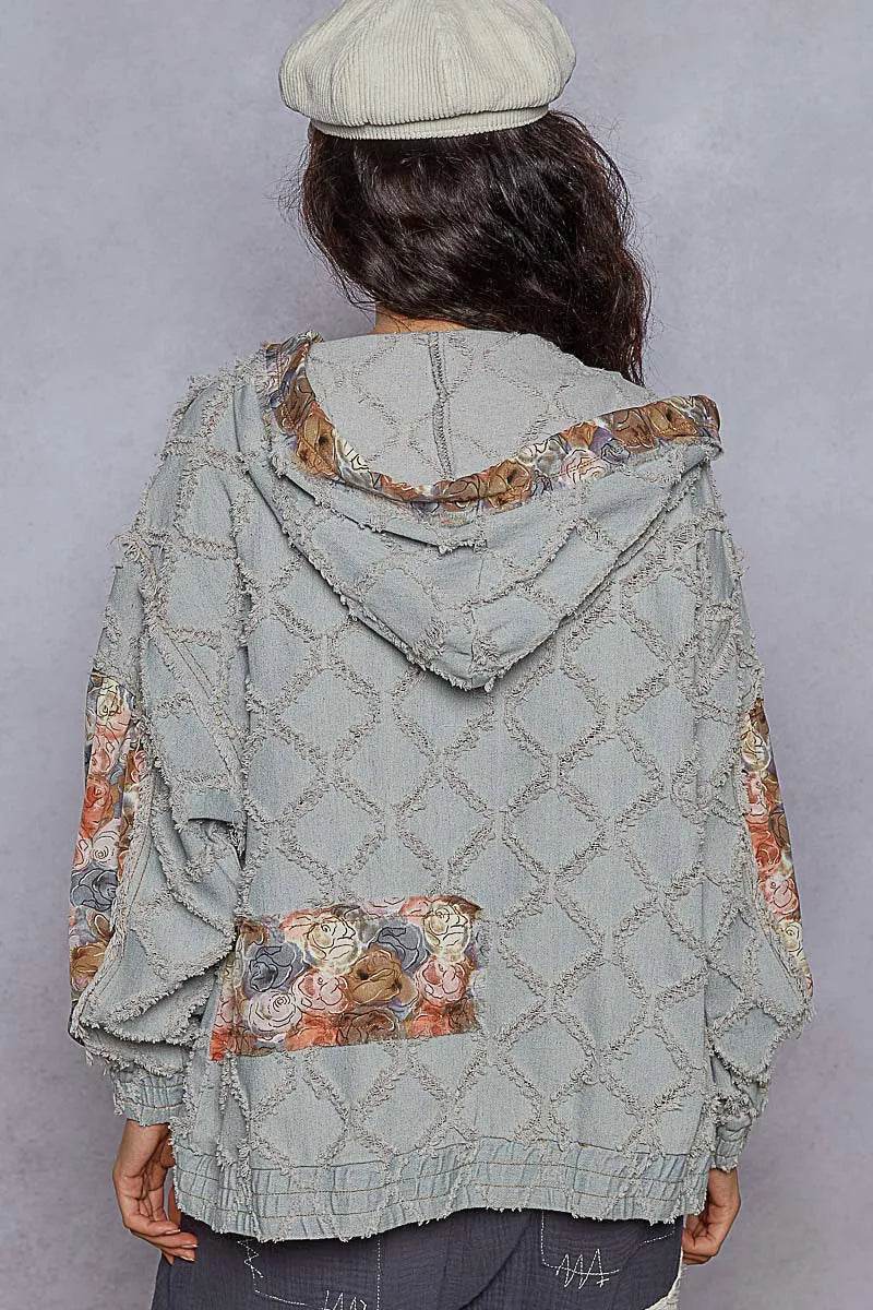 POL Zip Up Floral and Lace Patch Washed Denim Jacket - Ultim8 Designs 4 U