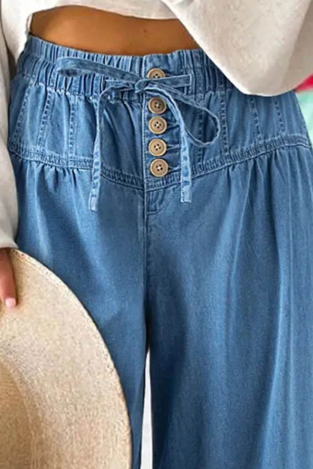 Drawstring Elastic Waist Wide Leg Jeans - Ultim8 Designs 4 U