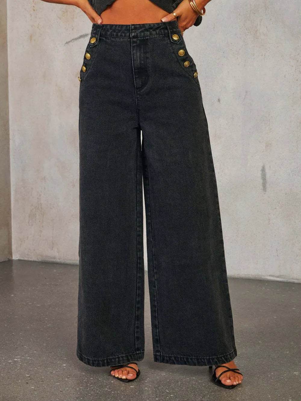 Button Decor High Rise Wide Leg Jeans - Ultim8 Designs 4 U