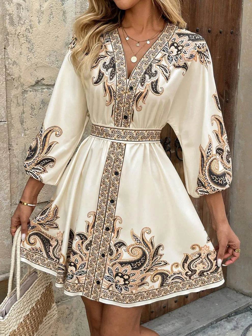 Paisley V-Neck 3/4 Sleeve Mini Dress - Ultim8 Designs 4 U