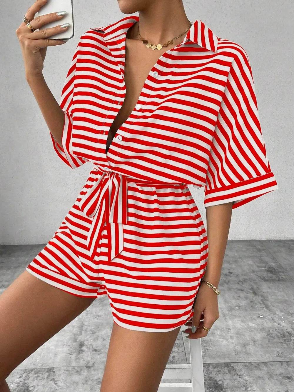 Tie Waist Half Button Striped Romper - Ultim8 Designs 4 U