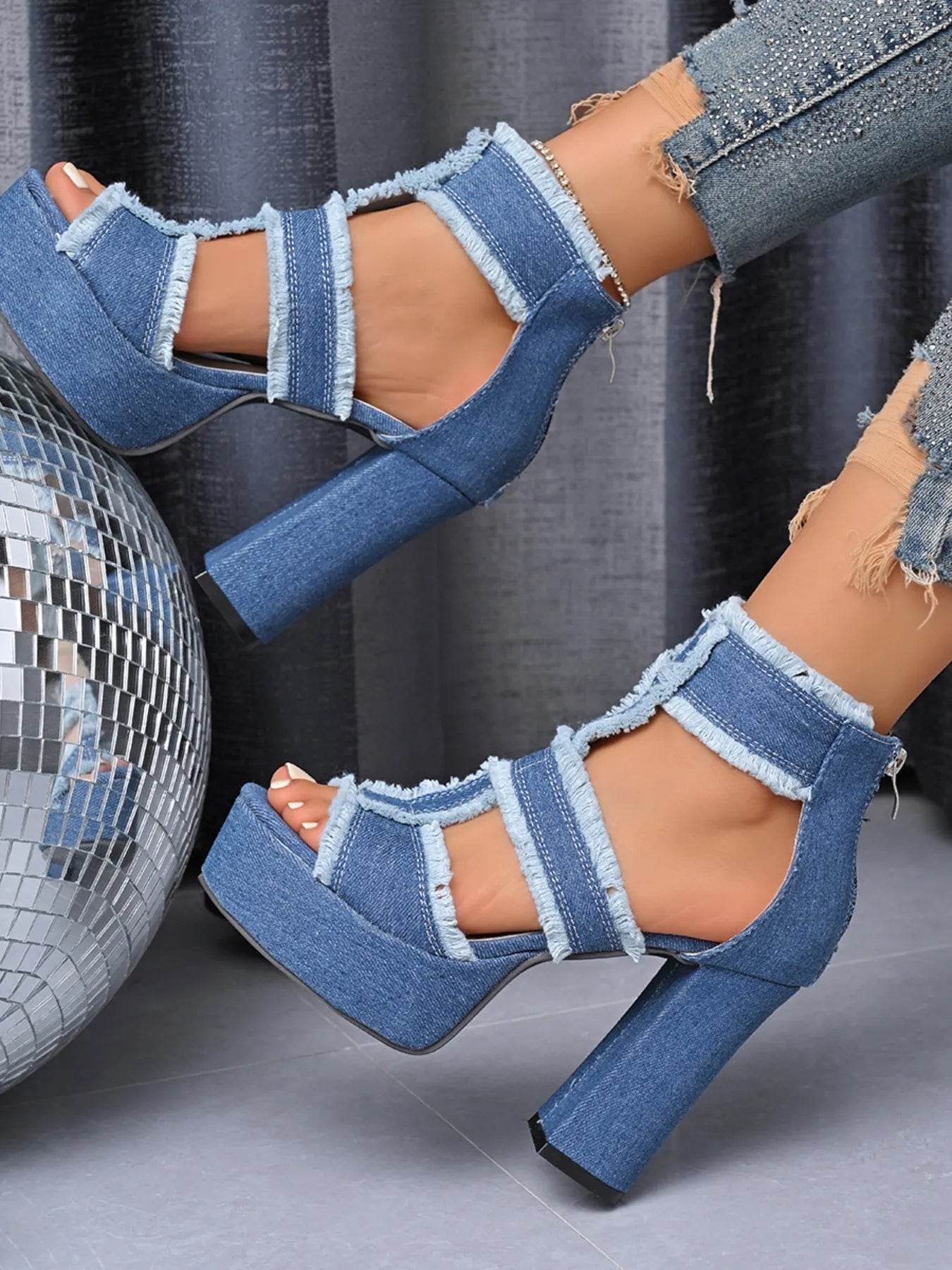 Denim Platform Block Heel Sandals with Frayed Edge Detail - Ultim8 Designs 4 U