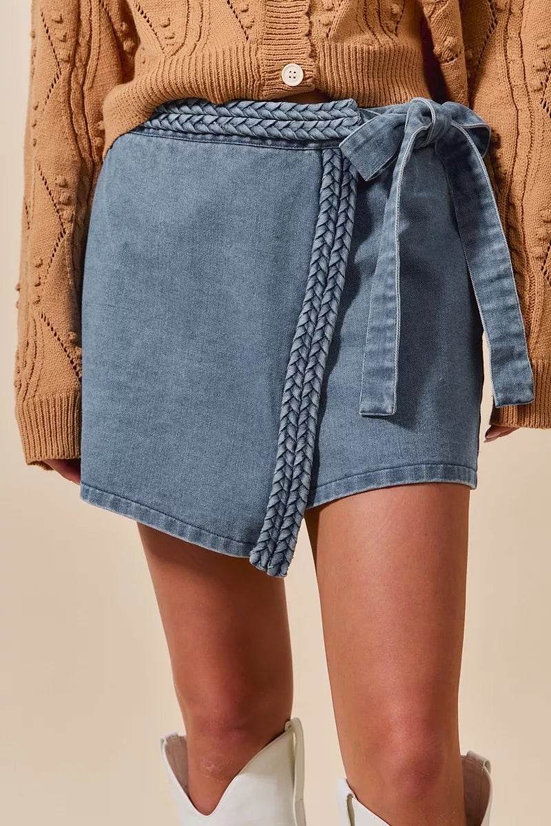 SO ME Wrap Braided Trimmed Denim Skort - Ultim8 Designs 4 U