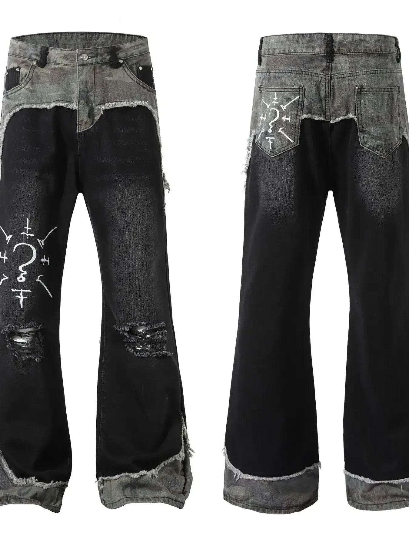 Men's Plus Size Distressed Bootcut Contrast Jeans with Raw Hem - Ultim8 Designs 4 U